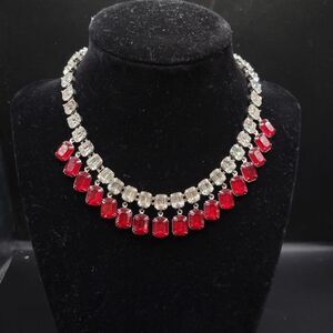 Vintage Silver tone Clear Pink Glass Dangle Choker necklace